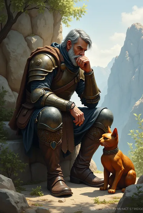 A epic fantasy style drawing of a silent warrior contemplating with his fist under his chin while sitting next to a cat made of wood