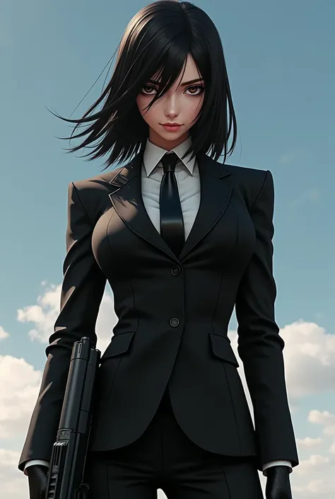 score_9, score_8_up, score_7_up, score_6_up, source_game, BREAK, Igirl, solo, source_game, Jane Doe, Jane Doe(Zenless zone zero), black hair, serious expressionless look on face,medium breasts, Black suit, Black tie, smirk, black gloves, outdoor, sky, stan...