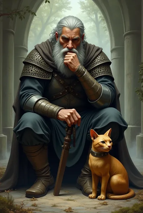 A epic fantasy style drawing of a silent warrior contemplating with his fist under his chin while sitting next to a cat figurine made of wood