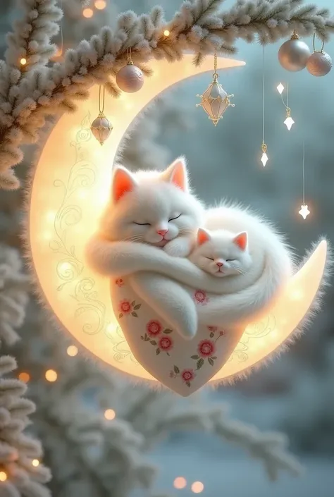 filigree white glass fluffy cat in the shape of a crescent moon glowing with warm light is suspended on a branch of a white fluffy Christmas tree, a small white cute fluffy kitten creature is sleeping in it, wearing a white baret,hugging a fluffy cat cover...