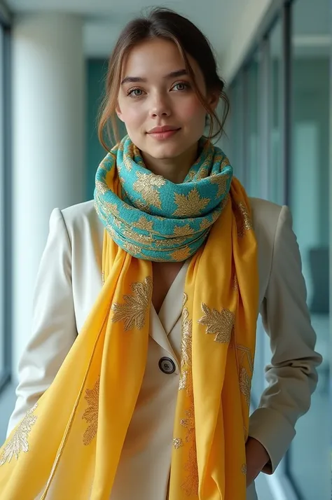 Office-size leaf image of a gold-colored Christmas scarf with turquoise blue 