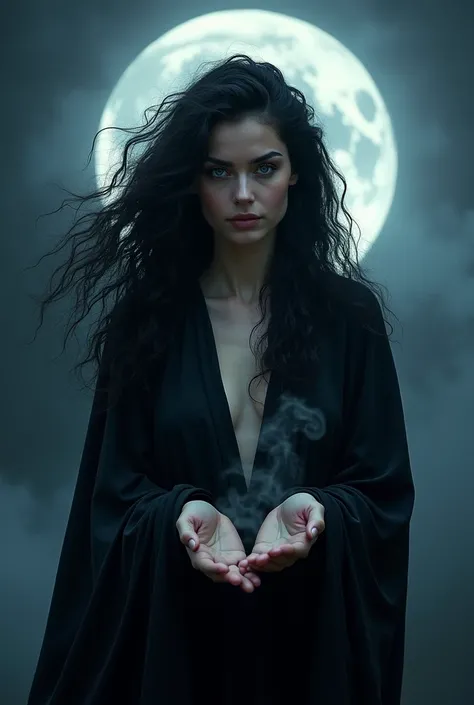 Nyx Greek goddess of the night, flowing black robe that looks like its darkness wrapped around her, piercing blue eyes,long curly black hair whipping behind her, the full moon in the background,she is surrounded by a mysterious darkness and there is smoke ...