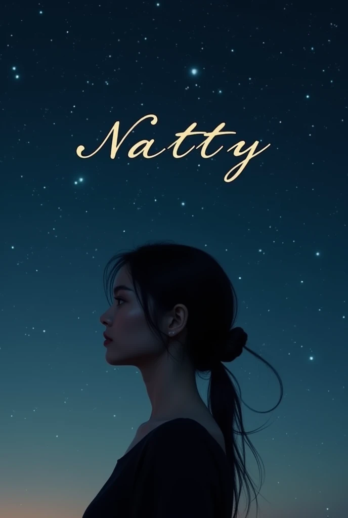  Picture with star-filled night background,  with the name ; "Natty", elegantly written , In a minimalist by birth