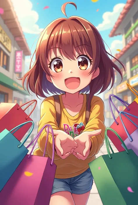 A super cheerful girl with several shopping bags/Surprise box toy style,  anime style , 