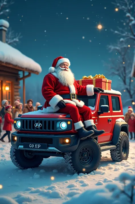 I want an image of Santa Claus handing out gifts sitting on the engine cover of a Hyundai Galloper 4x4