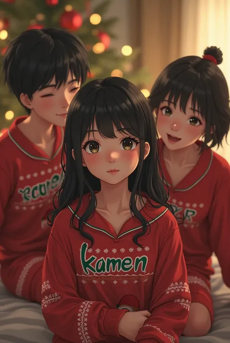 Realistic teenagers in Christmas pajamas that say "Kamen"