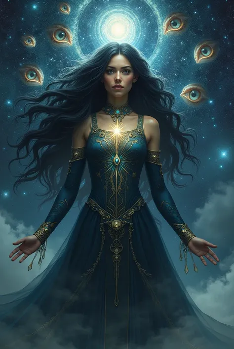 goddess, Black Long Hair,Star eyes ,Third Eye , Vast Cosmic Galactic System,Seven Eyes Surrounding ,Holy Spirit Cross,Prophecy , magic , sacred,