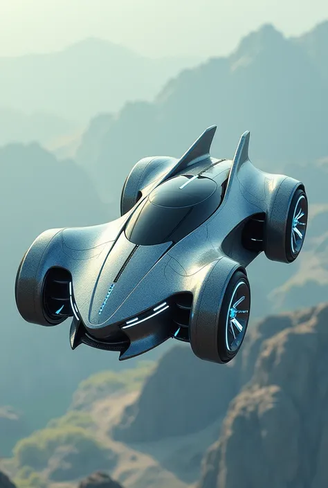 Make a flying and futuristic car with alien technology and with alien turbo wheels and swivel wings