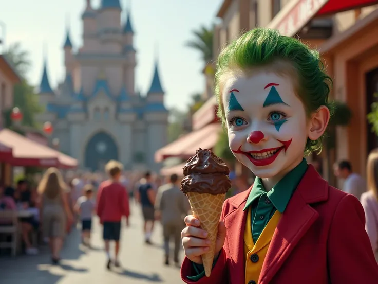  HIGH QUALITY, 8K ultra HD,  ENVIRONMENT, BEAUTIFUL YOUNG GIRLS AND BOYS WITH BLUE EYES DISGUISED AS THE JOKER WITH A CONE IN THEIR POINTED HAND WITH SOFT CHOCOLATE ICE CREAM AND A VERY TALL, REALISTIC GIANT DWELLING IN A VERY SUNNY CITY., YOU CAN ALSO SEE...