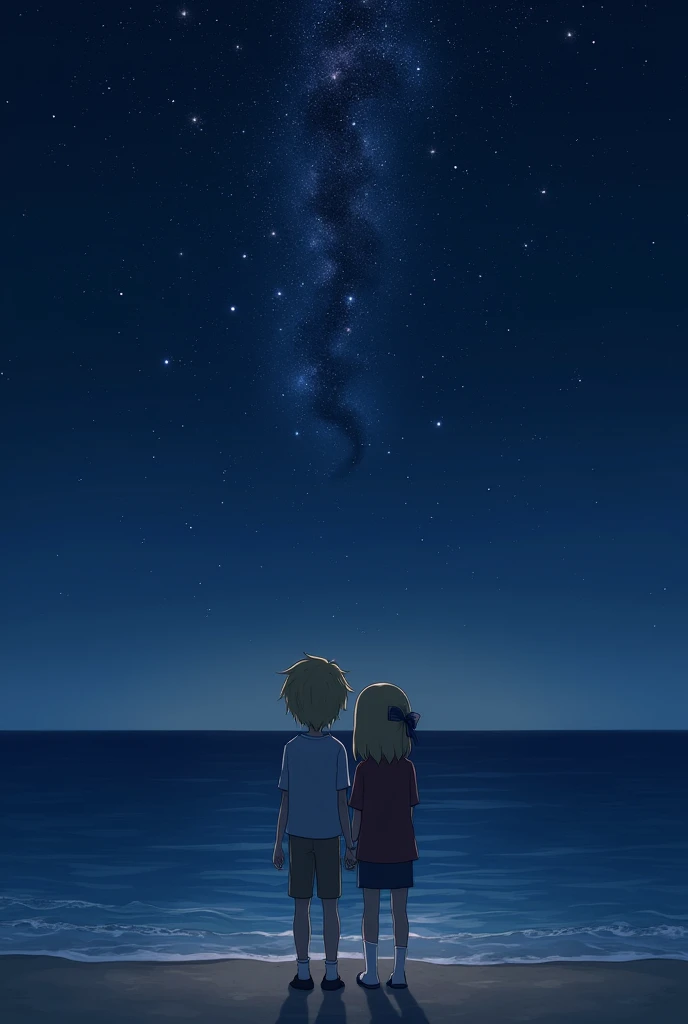  Blonde girl and boy with short black hair are on the beach at night looking at the stars.
They dont have backpacks.