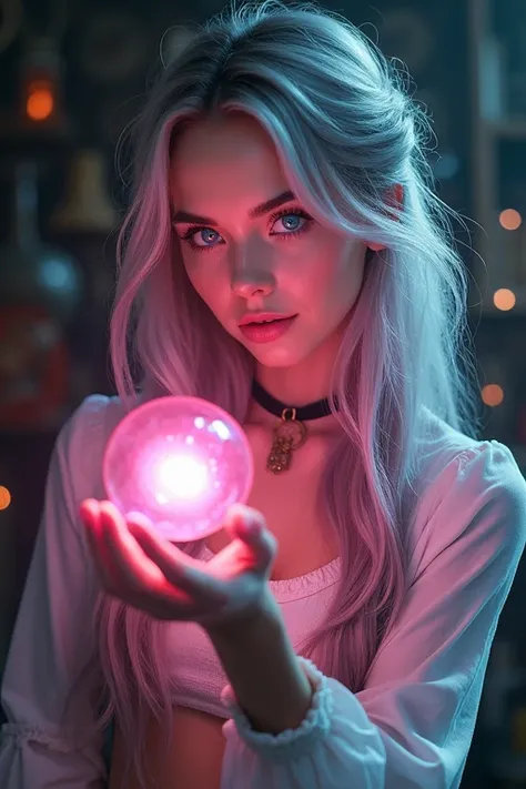  A young woman with heterochromia eyes .  The left eye is pink and the right eye is turquoise . Her hair is pink and long gray .  She holds a bright pink light in her hand and is surrounded by magic.  She is standing in a room with all witches utensils . 