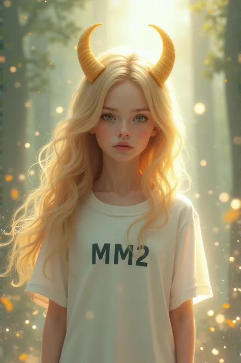 Blond-haired girl with golden horns with white and a mm2 t-shirt