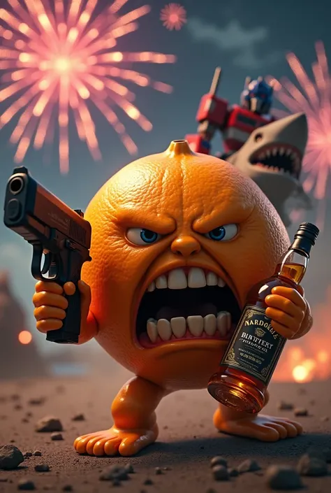 Angry Mandarine with a gun and bottle of whisky there is also fireworks in the background behind the Mandarine is Optimus prime riding a shark
