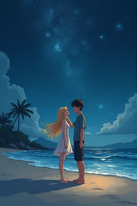 Blonde girl on the beach with a black-haired boy.  The sky is STARRY .