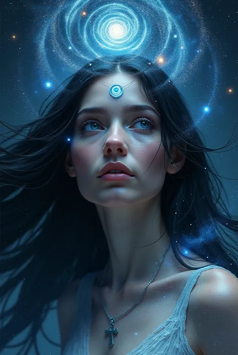 goddess, long black hair, stars,Cosmic stars surround the eyes created by ,Third eye,Prophecy ,Holy Spirit Cross,Creator 