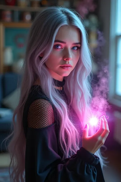  A young woman with ((heterochromia eyes)) .  ((The left eye is pink and the right eye is turquoise)) . Her hair is pink and long gray .  She holds a bright pink light in her hand and is surrounded by magic.  She is standing in a room with all witches uten...