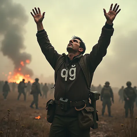  A man on a battlefield with his arms raised to the sky looking at the horizon and his clothes have the letters "QG" 

Realistic image with impact ,  photo