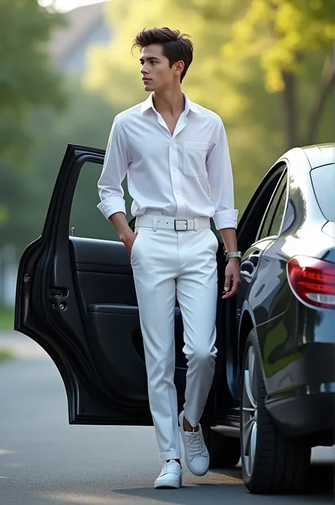 Handsome boy with white school uniform getting out of the car