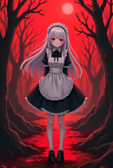 /imagine prompt: anime character, young girl, long white hair, red eyes, fair skin, black and white maid outfit, black shoes, 1.68m tall, smiling, very cute face, background of a bloody scene with a red sky --v 5 --ar 16:9 --q 2 --hd