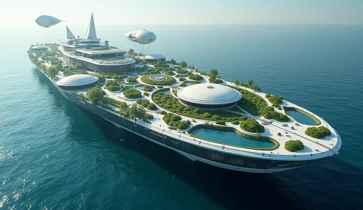 (A large, futuristic, seagoing, motarized, floating, island city):2, (self-sufficient and sustainable, harnessing wind and solar power, wave motion):2, and (a small fusion reactor to power the massive in-board enginges that move the city through the water)...