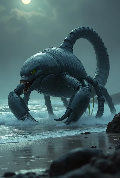 A monstrous hybrid of a Scorpion and a Dolphin, emerging from a misty, moonlit shoreline, its body a terrifying blend of aquatic grace and arachnid menace. The creatures sleek, silver-gray dolphin torso transitions into a heavily armored, black exoskeleton...