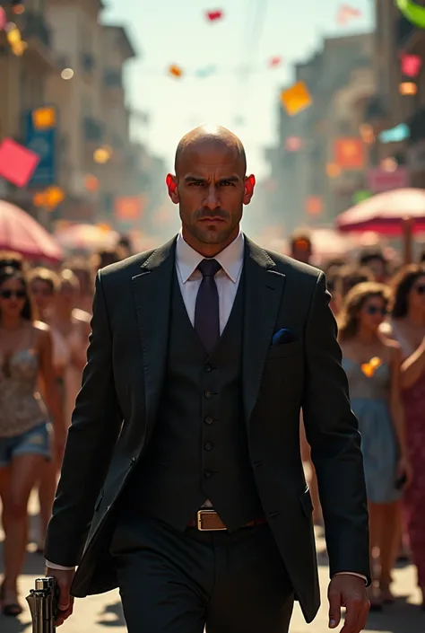 High-stakes infiltration unfolds amidst a vibrant parade. Hitman Agent 47, bald and unfazed, strides deliberately through the chaotic crowd. His serious gaze is fixed on the surroundings as he holds a silenced silver semi-automatic pistol at his side. Conf...