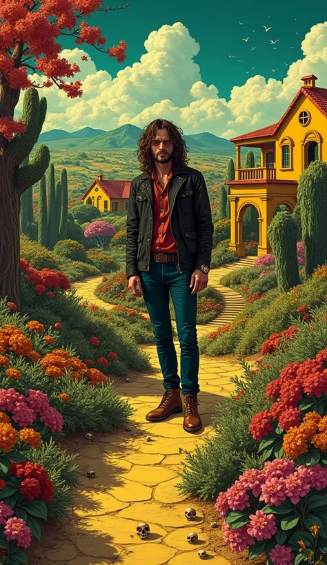 The image is a detailed and intricate illustration, rich with vibrant colors and surreal elements. At the center is Jim Morrison (The Doors), surrounded by a fantastical landscape. The setting includes extravagant houses, blooming flowers, and rolling hill...