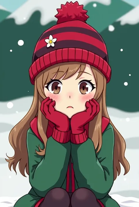  long flowing light brown hair ,  crimson winter hat with dark crimson stripes and one white flower.  She has red gloves ,  green jacket with a red “collar” ,  grey pants and black shoes .  She also has fair skin without any birthmarks . Sits shy 
very Art...