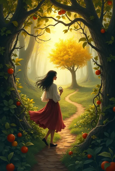 The bramble path :  Lucia crossing a brambled path ,  with the compass in her hand ,  as she approaches a clearing with a golden fruit tree. 