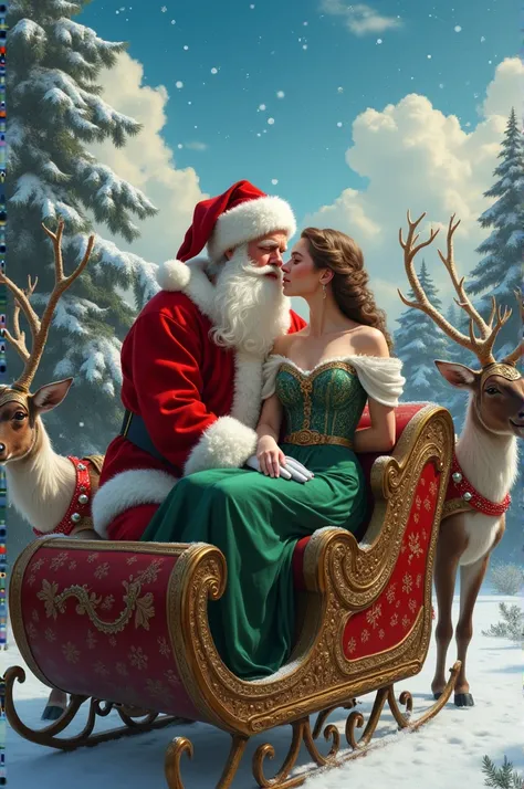  Santa Claus kiss arm women in sleigh. Reindeer decorated with baubles 