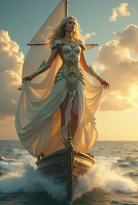 Raising a woman on a sailing boat with heavenly armor