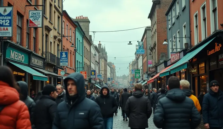 A crowded Irish cityscape under a cloudy sky, filled with diverse people, including immigrants speaking Spanish and Portuguese. Tension is palpable as locals pass by, some casting wary glances. The setting captures the blend of Irish architecture and multi...