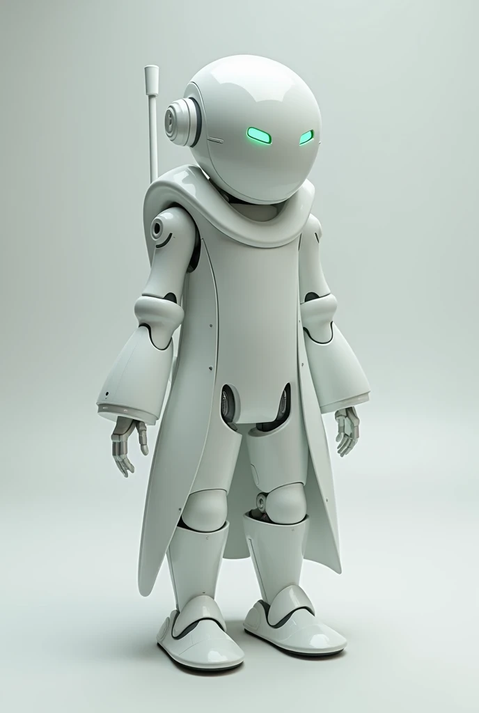  white-colored droid worker , simple slim build ,  green eyes and with a small antenna on its back.