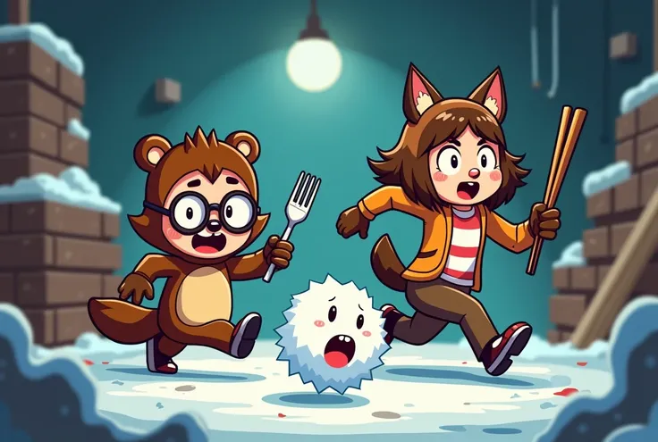 humor, Animation, chase, a brunette boy with glasses dressed as a beaver with a fork in his hand and a tall brown-haired girl dressed as a wolverine animal with Chinese chopsticks in his hand are chasing a frightened snowball through the basement