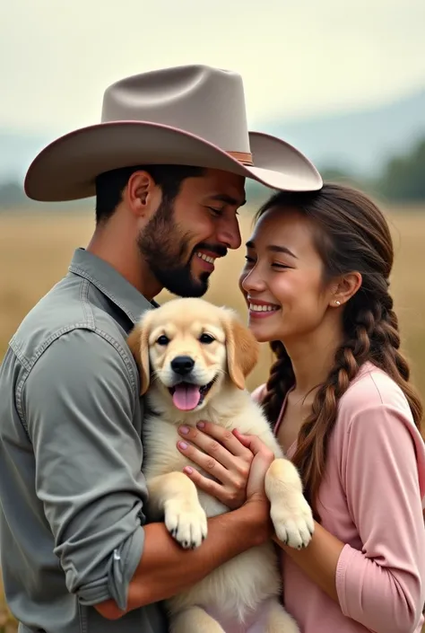 
A rustic and detailed minimalist logo featuring a man, woman and dog in a pastoral and comforting setting. The man is wearing a grey and pink cowboy hat and a grey shirt, with a calm and protective expression. He is positioned on the left, leaning slightl...