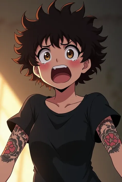  capture of panta
Anime My Hero Academia
A young woman,  short curly brown hair ,  brown eyes with the black outline ,  tattoos on the arms , In tears while screaming , with black shirt,  full body,
My Hero Academia
Bonos studios 