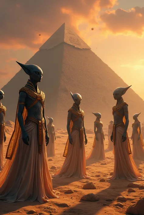 Several Egyptian aliens surrounding the pyramids of Egypt 