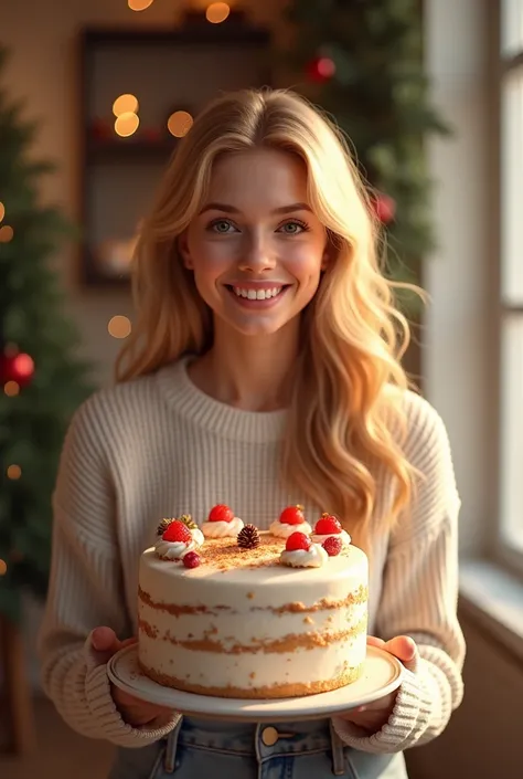 Young woman with blonde hair in room hold christmas cake