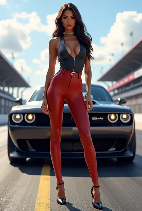 An attractive race queen, with natural breast, high heels. She smile standing in front of a muscle car, in a circuit 