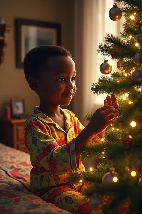 Create a hyper realistic picture of an eleven years old Ghanaian boy wearing pajamas and fixing a Christmas tree in his room 