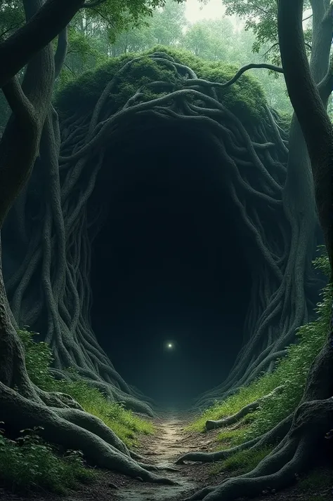 The dark cave :  A cave entrance surrounded by trees ,  with a faint light coming from inside.