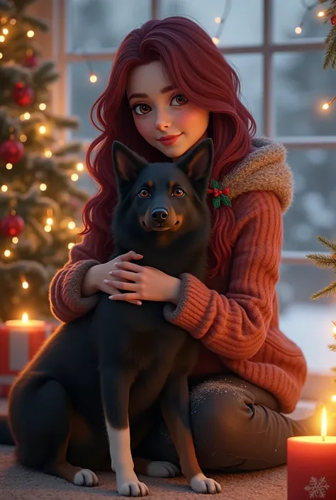 Christmas image of a woman with wine-colored hair and dark brown eyes with a black dog with brown and white legs