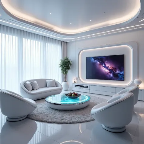 Futuristic space-inspired living room, white sofa with silver inserts, space capsule shaped chairs, holographic glass coffee table, curved OLED TV with titanium frame, Milky Way translucent curtains, minimalist white spherical plant pots, hidden LED lighti...