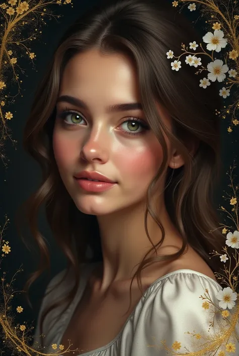 Beautiful girl 23 years old, Christmas tones of gold, black, white, Adorable beautiful happy woman, green eyes, stunning detail art, stunning art, dramatic, completed, hyper-realistic, dark background, ultra highly detailed gold frame, detailed digital pai...