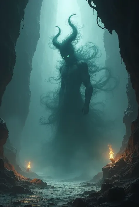 I need a picture of a djinn .   He has a more abstract form of smoke .  He looks mysterious and threatening .  He is in a mysterious cave 