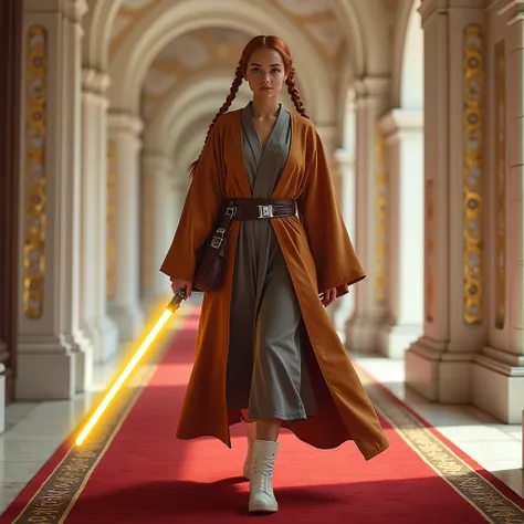 young woman,  of brown skin . With tan eyes . de labios rojos.  With reddish hair with two pigtails .  She wears cinnamon and dark gray Jedi robes .  Wears white boots .  She carries in her right hand a single-leaf lightsaber of yellow color.  She is walki...