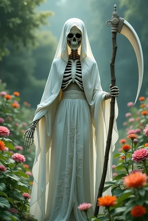 Create an image of the Holy Death dressed in white, in a landscape with flowers 