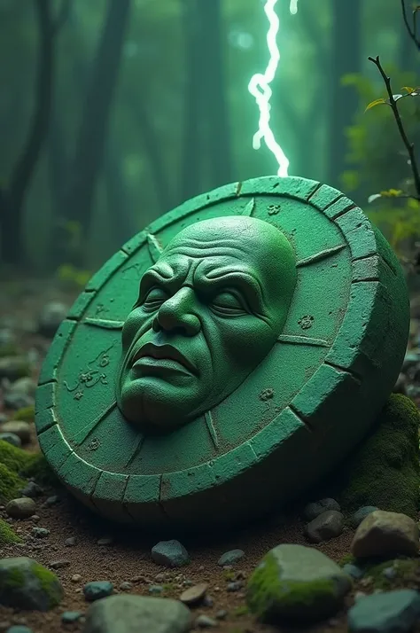 Circular stone with a carved face posing on the ground after lightning struck it it turned green
