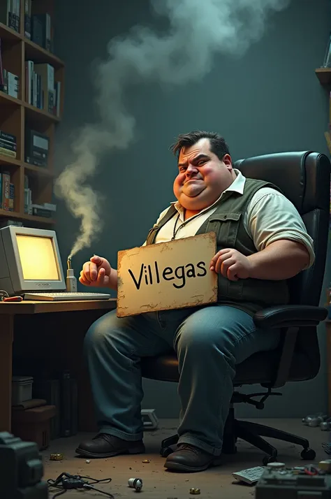 Fat man with a broken computer blowing smoke with a sign above that says Villegas