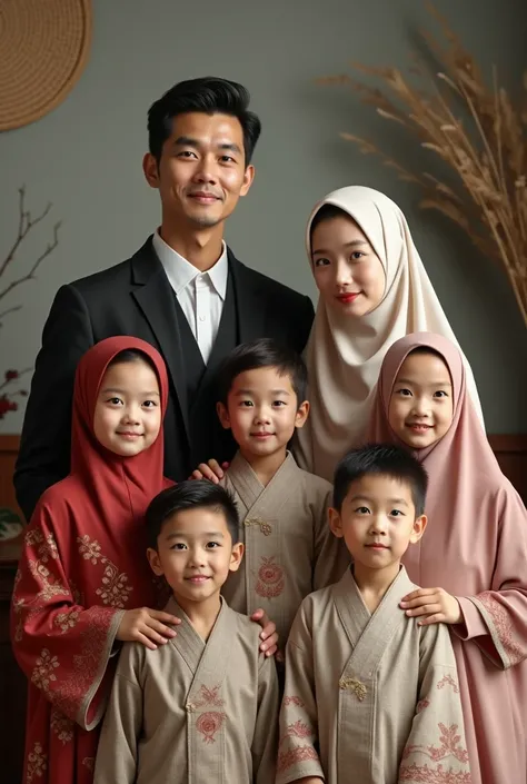 Korean Family photo of 1 husband & 2 wife hijab moslem, 5 son boys, hyper realistic, 8k, high definition.